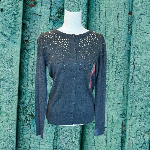 NWT Merona Women's Long Sleeve ButtonUp Cardigan Jeweled Embellished Gray M - Picture 9 of 10